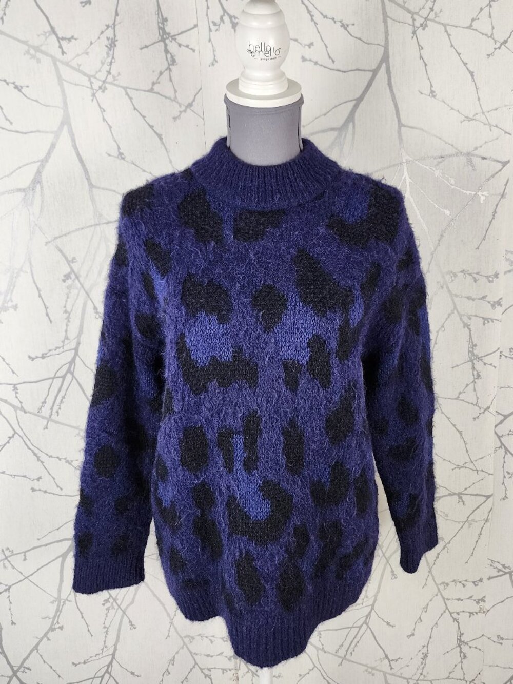 Kate Spade Navy Leopard Alpaca Wool Textured Crewneck Sweater
